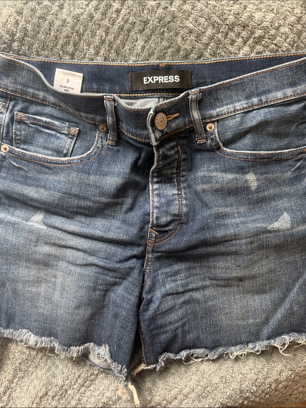 Express Frayed Hem Denim Shorts in Blue Wash